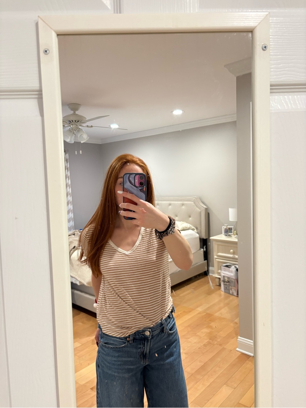 Striped V-Neck Short Sleeve Top in Beige and White